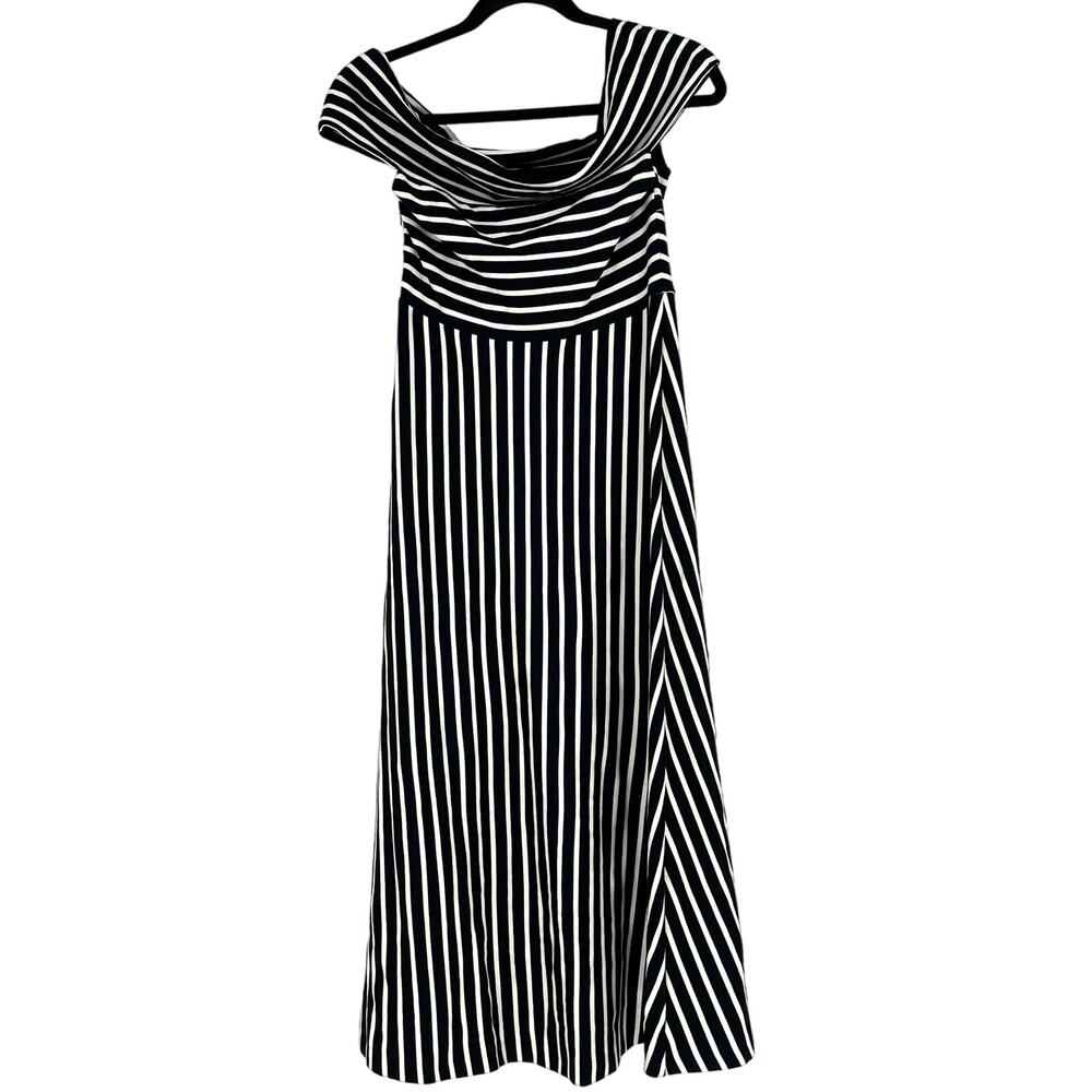 Banana Republic Ponte Off Shoulder Fit Flare Midi Dress Stripe Black White 0 - Picture 3 of 13